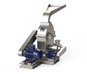 DP Pulveriser Hammer Mill with gravity feed hopper and discharge conveyor